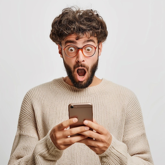 um homem com óculos e um telefone com um rosto engraçado