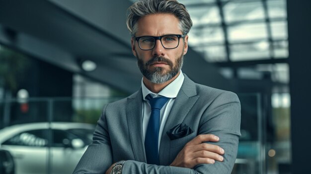 um homem com óculos e uma barba está na frente de um carro