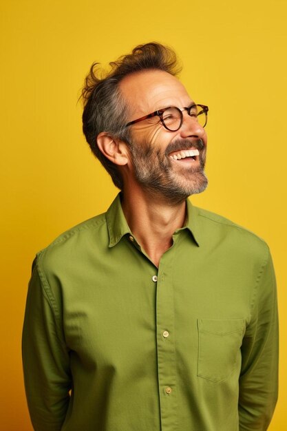 um homem com óculos e uma camisa verde sorri para a câmera