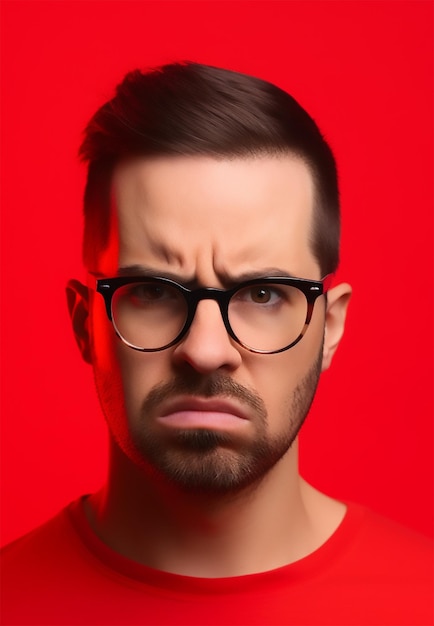 Foto um homem com óculos e uma camisa vermelha sobre fundo vermelho