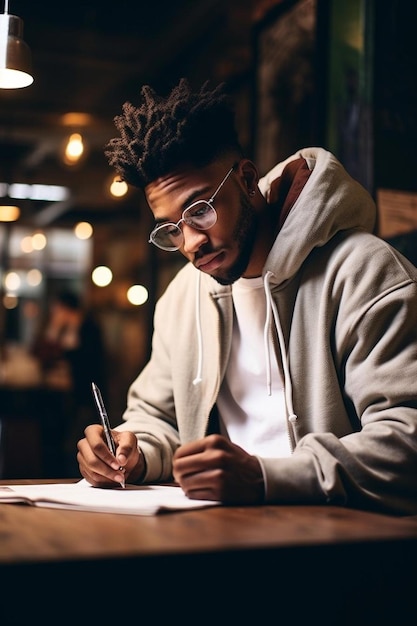 Foto um homem com óculos está escrevendo em um caderno com uma caneta na mão