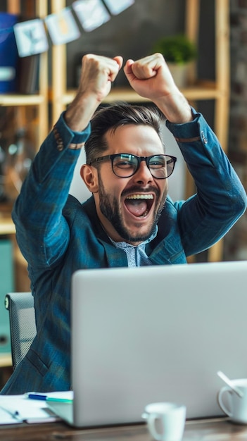 Foto um homem com óculos está rindo de uma tela de computador