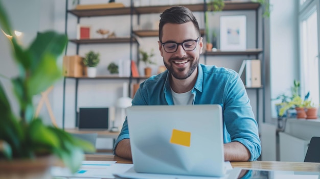 um homem com óculos está trabalhando em um laptop com uma nota adesiva nele