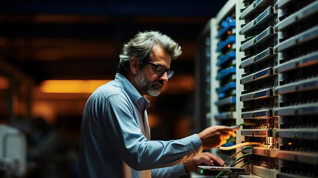 um homem com óculos trabalhando em um computador com o número 4 na parte de trás