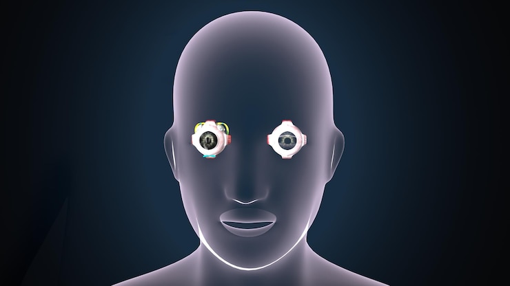 Foto um homem com olhos verdes e um fundo azul com os olhos abertos
