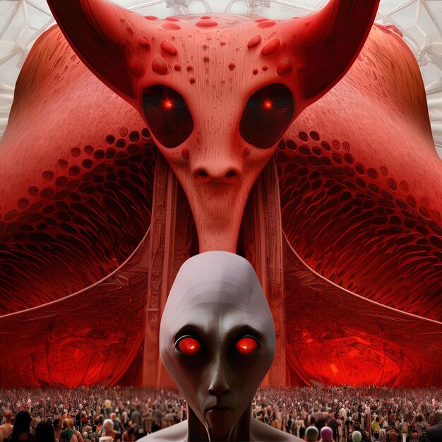 Um homem com olhos vermelhos e uma cabeça alienígena vermelha com olhos vermelhas.