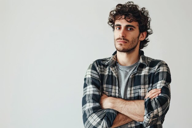 um homem com os braços cruzados e vestindo uma camisa a quadros que diz que está vestindo uma Camisa