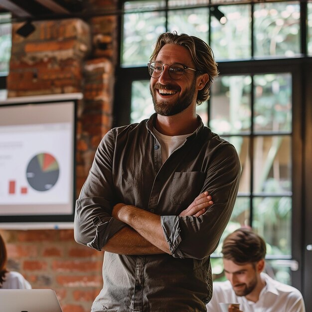 Foto um homem com os braços cruzados na frente de uma tela de computador