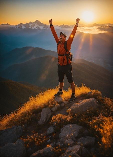 um homem com os braços levantados no topo de uma montanha com o sol brilhando atrás dele