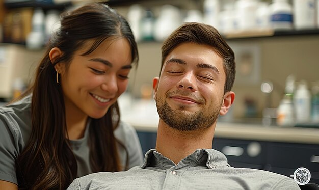 Um homem com os olhos fechados e uma mulher com o homem atrás dele.