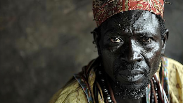 Foto um homem com pele preta e um chapéu vermelho e dourado senta-se na frente de um fundo escuro