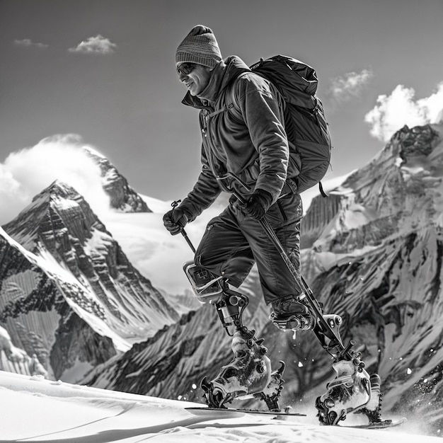 Um homem com pernas protéticas desliza sem esforço pela neve fresca enquanto as montanhas cobertas de neve se erguem