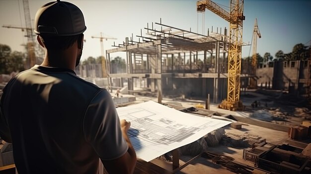 Um homem com planos e desenhos nas mãos em um canteiro de obras