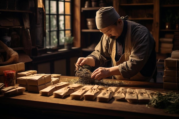 um homem com roupa tradicional está trabalhando com uma mesa de madeira.