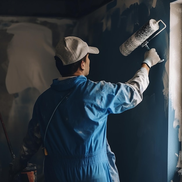 Um homem com roupas de trabalho azuis pinta uma parede o trabalho de um pintor de casa fechado