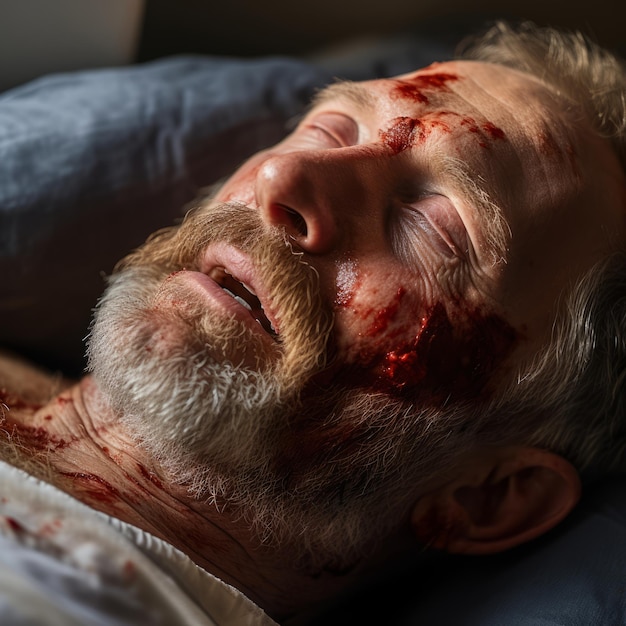 Foto um homem com sangue no rosto deitado na cama