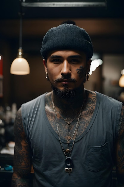 Um homem com tatuagens e piercings numa sala única.