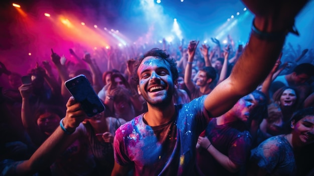 Um homem com tinta colorida no rosto em uma festa ai