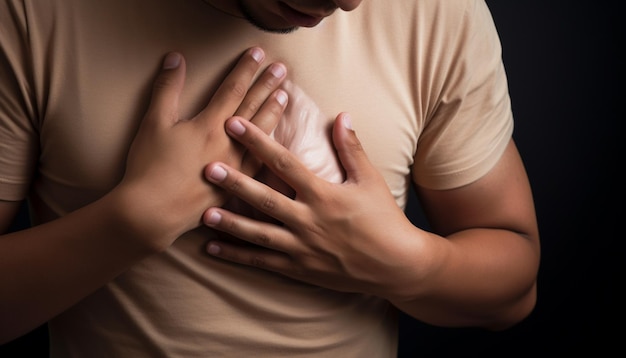 Um homem com um ataque cardíaco no peito