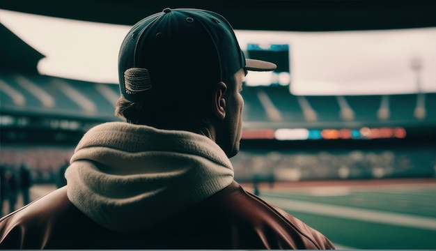 Um homem com um boné de beisebol está em um estádio e olha para a câmera.