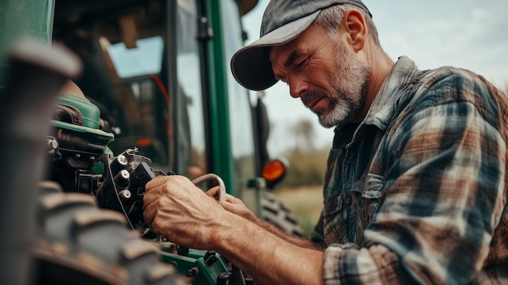 Foto um homem com um boné e camisa a quadros trabalhando em máquinas em um cenário rural ao ar livre o estilo da foto é realista e sincero, capturando dedicação e trabalho árduo perfeito para temas agrícolas ai