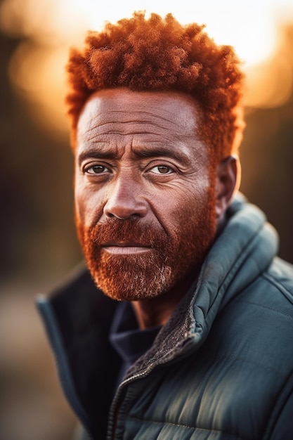 Um homem com um cabelo ruivo que tem a palavra "laranja" nele