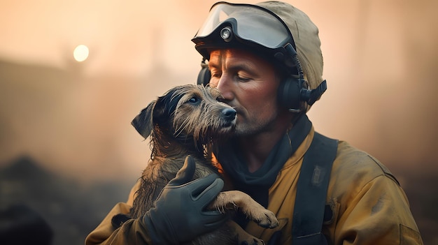 Um homem com um cachorro na cabeça está beijando sua dona.