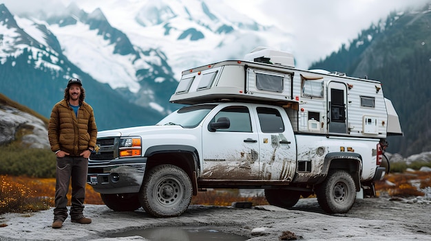 Um homem com um camper em um caminhão ao lado de uma montanha