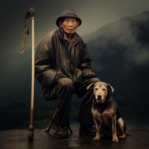 Um homem com um cão e um bastão na mão.