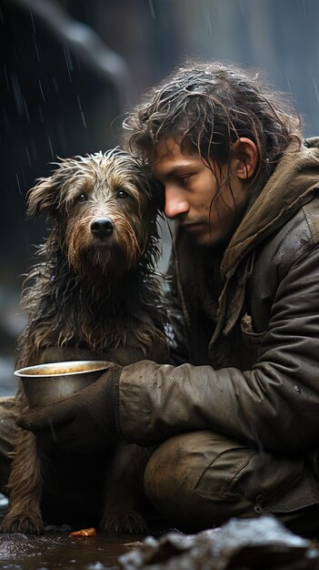 Um homem com um cão e uma panela de água.