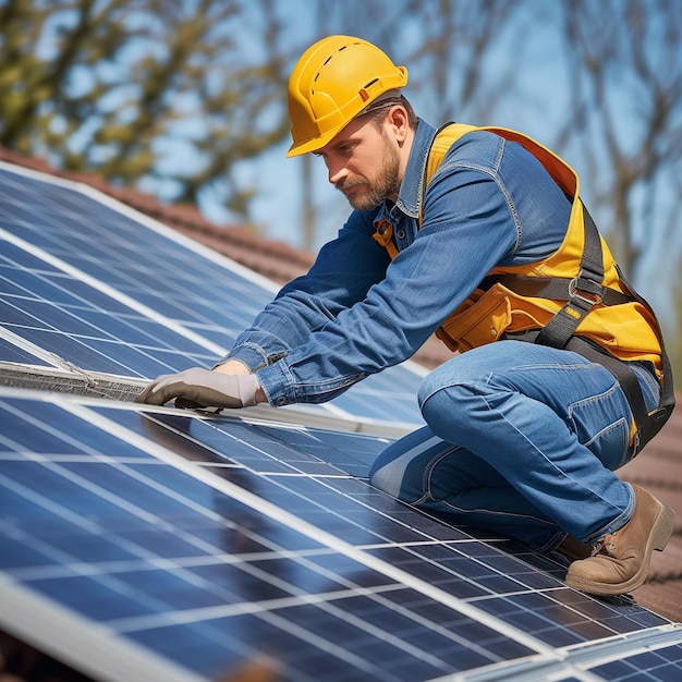 Um homem com um capacete amarelo e colete de segurança está trabalhando em um painel solar conceito de vida sustentável