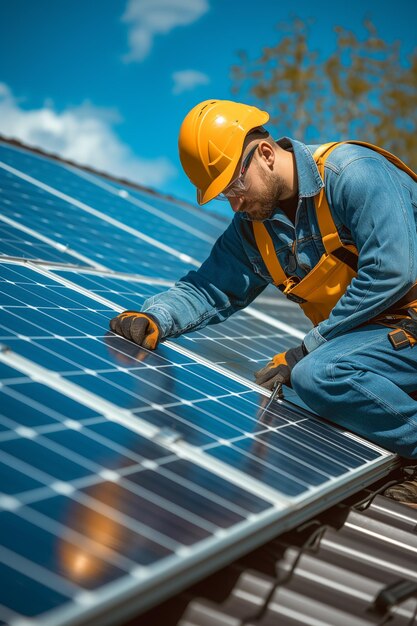 Um homem com um capacete amarelo e um colete laranja está trabalhando em um painel solar conceito de vida sustentável