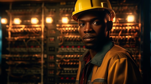 Um homem com um capacete amarelo fica na frente de uma placa de circuito