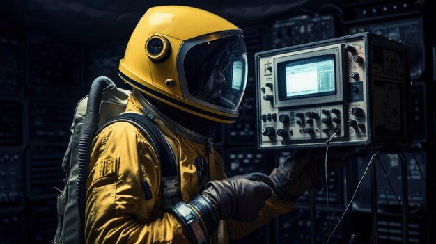 Um homem com um capacete amarelo segura um equipamento com uma tela que diz 'nós somos o futuro'