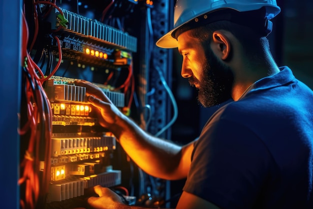 Um homem com um capacete branco trabalha em um painel elétrico.