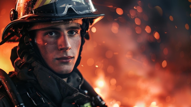 Foto um homem com um capacete de bombeiro está em frente a um incêndio