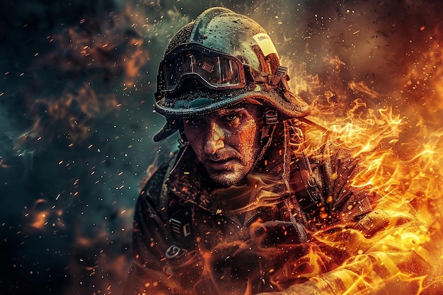 Um homem com um capacete de bombeiro segurando um extintor de incêndio
