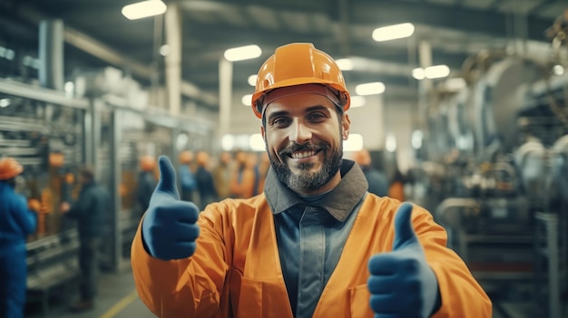 Foto um homem com um capacete laranja faz sinal de positivo em uma fábrica.