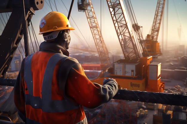 Um homem com um capacete laranja olha por cima de um guindaste em um canteiro de obras.