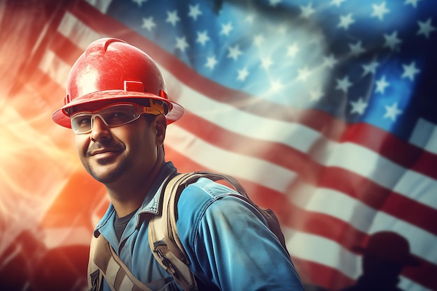 um homem com um capacete vermelho fica na frente de uma bandeira