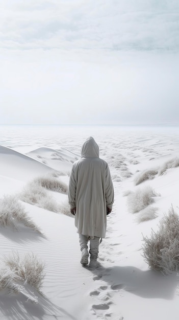 Um homem com um capuz branco está caminhando ao longo do deserto de neve branca escondendo seu rosto e vibrando no vento frio do inverno gerado ai