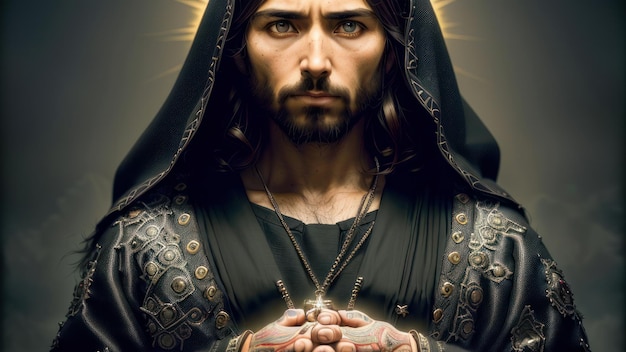 Um homem com um capuz preto e um capuz preto com a palavra jesus.