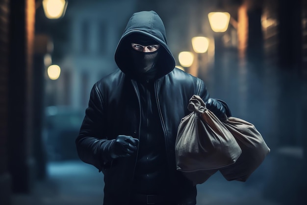 Foto um homem com um capuz preto segura um saco de comida na mão