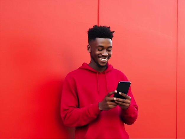 Um homem com um capuz vermelho está usando seu telefone e sorrindo.