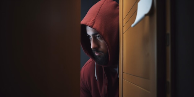 Um homem com um capuz vermelho olha por trás de um armário com uma luz acesa.