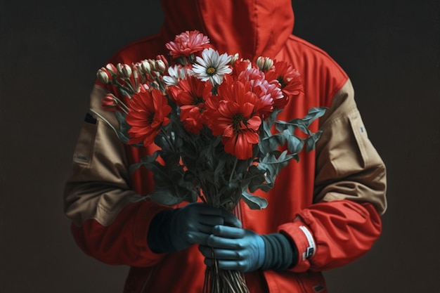 Um homem com um capuz vermelho segura um buquê de flores.
