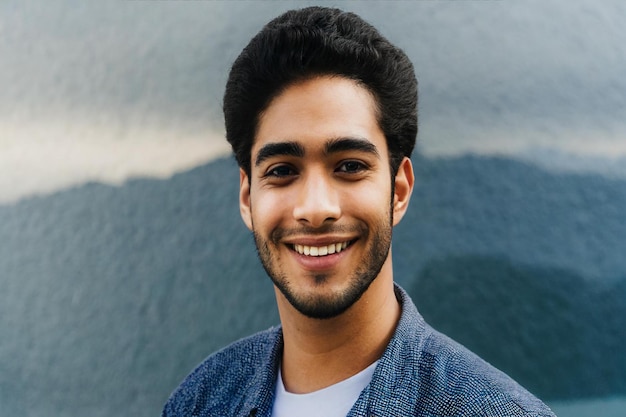 Um homem com um casaco azul que diz "ele está sorrindo"