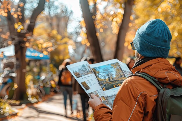 Foto um homem com um chapéu azul está olhando para um mapa