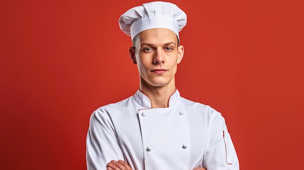 Um homem com um chapéu de chef está com os braços cruzados na frente de um fundo vermelho.