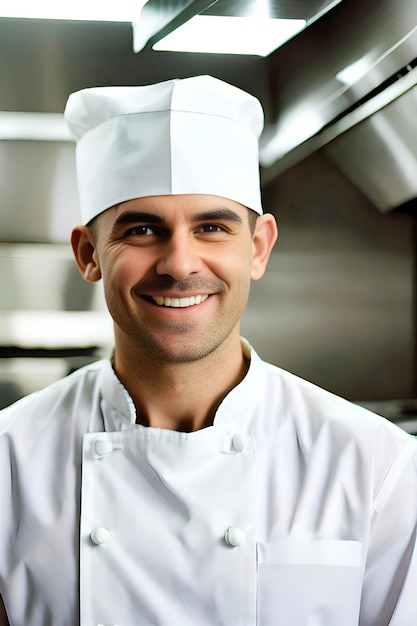 Um homem com um chapéu de chef está em uma cozinha